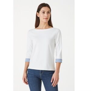 Nautica Women's 3/4 Cuffed Sleeve Chambray Casual Top White & Blue Size X-Large